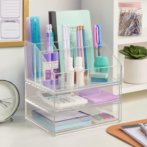 Chloe Stackable Clear Makeup Holder and Double Drawer Cosmetics Organizer Set - Picture 7 of 10